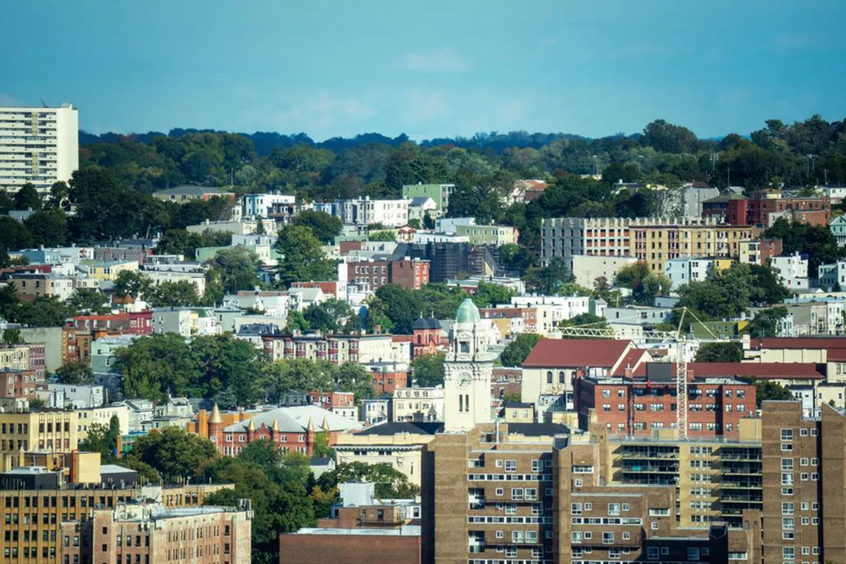 Yonkers neighborhoods and commercial rooftops from above